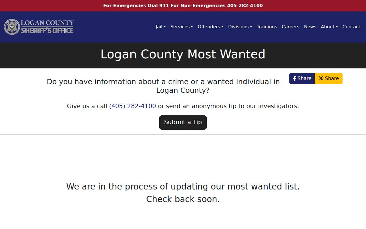 Logan County warrant records official Most Wanted search interface